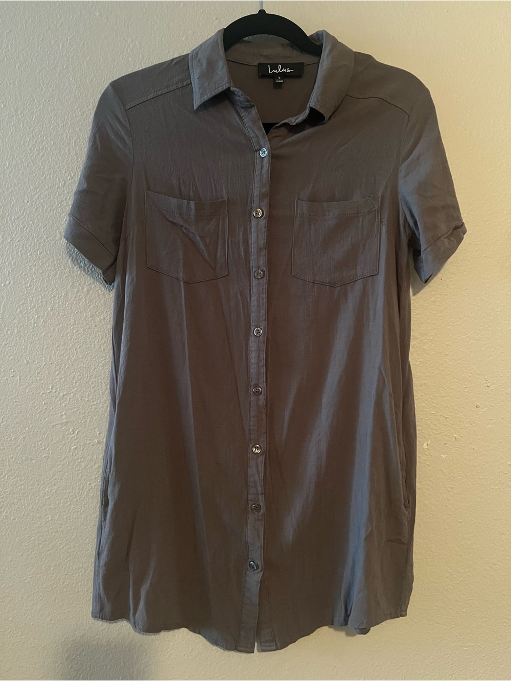 LuLus Button Down Short Sleeve Slip Dress Lightweight Hunter Green Side Pockets